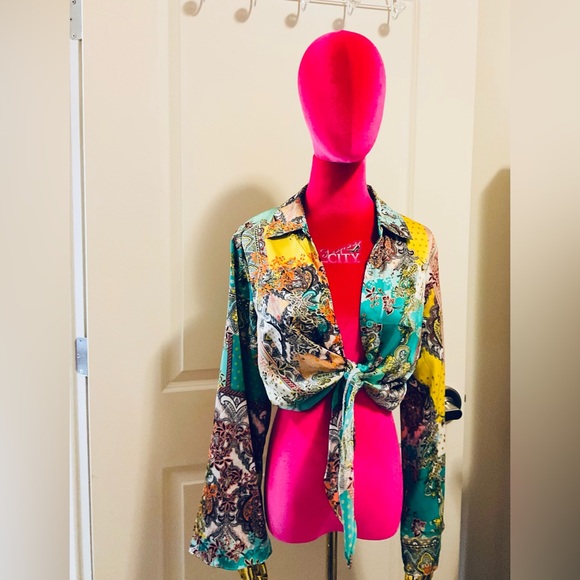 Rachel Zoe green paisley print satin tie front boho blouse size S - Picture 2 of 5